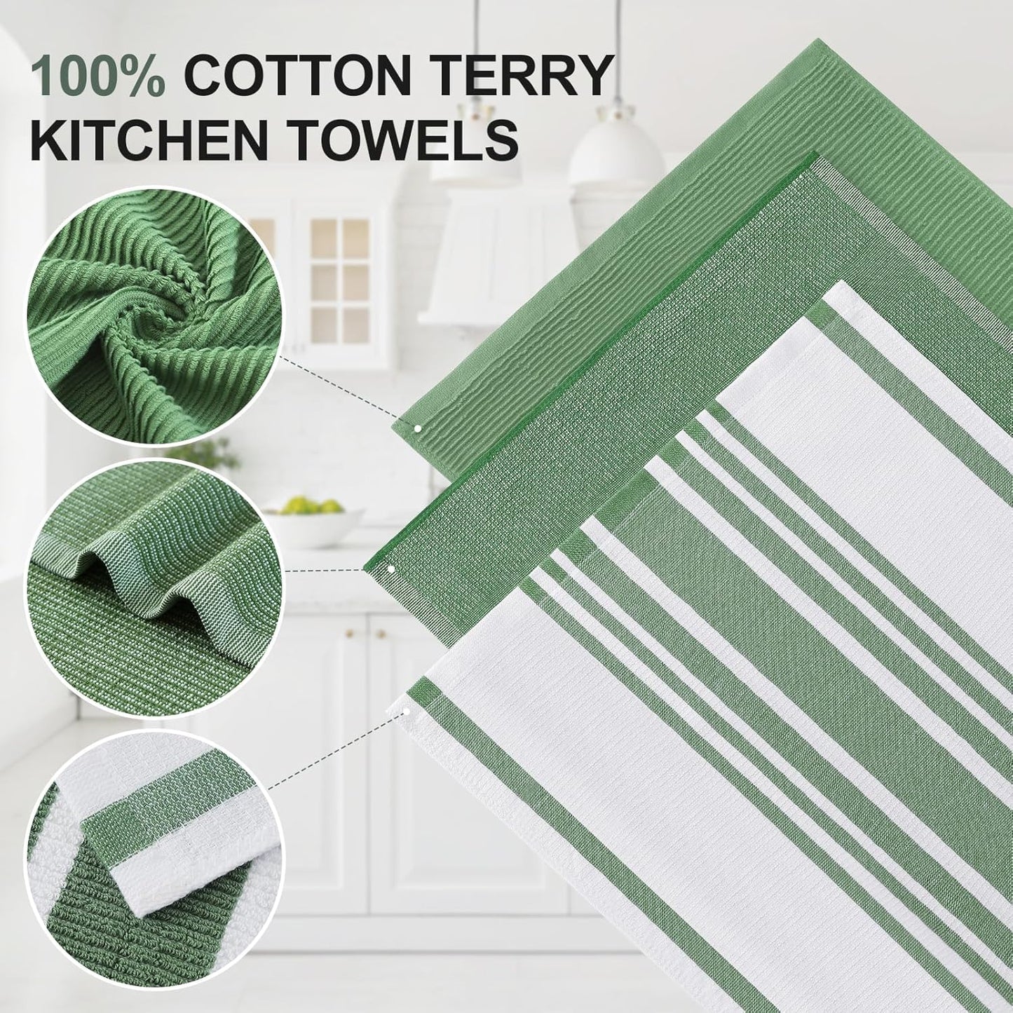 Homaxy Premium Kitchen Towels(18”x 28”, 6 Pack), Large Cotton 380 GSM Kitchen Hand Towels, Soft and Absorbent Terry Dish Towels, Multipurpose Tea Towel Set with Hanging Loop, Grass Green