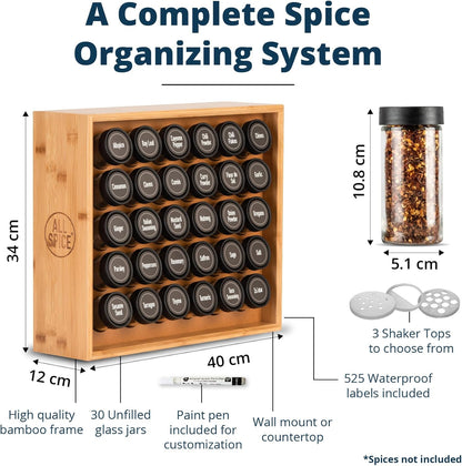 AllSpice Spice Rack Organizer, Wood, 525 Unique Labels, Countertop or Wall Mount, Includes 30 4oz Jars- Bamboo