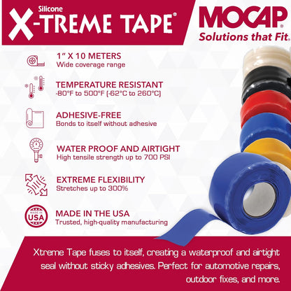 X-Treme Tape MOCAP Heavy Duty Electrical Tape, Self-Fusing Silicone Rubber, Waterproof & Insulating Flexible Tape, Electrical for Hose, Automotive, Outdoor & Repairs - 1" x 10ft Roll - Blue