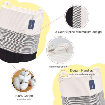 COMSE Extra Large Blanket Basket, Tall Woven Storage Basket, Nursery Hamper, 15.7”x 21.7”, Cotton Rope Laundry Hamper for Toys Clothes Towels, White/Gray/Black