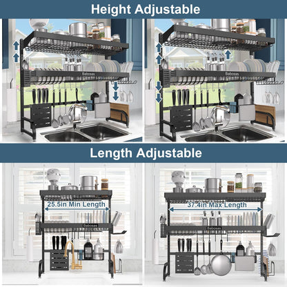 Over The Sink Dish Drying Rack,3 Tier Adjustable Length (25.5'' to 37.4'') Full Stainless Steel Large Storage Kitchen Dish Rack,for Kitchen Counter Expandable Multifunctional Organizers,Black
