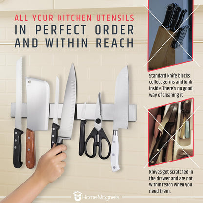 HMmagnets Premium 17 Inch Stainless Steel Magnetic Knife Holder For Wall - Professional Magnetic Knife Strip - Space-Saving Knife Rack/Knife Bar With Powerful Magnetic Pull Force (Upgraded Version)