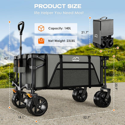 Collapsible Wagon Cart Heavy Duty Foldable, Folding Beach Wagon with Big Wheels for Sand, Utility Grocery Cart with Side Pocket and Brakes for Camping Sports Outdoor Activities, Grey