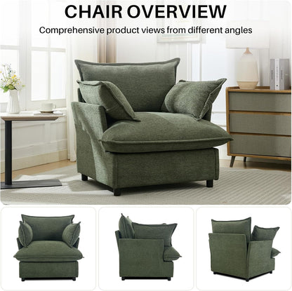 35.4" Wide Oversized Chenille Single Sofa Chair with 2 Pillows, Modern Upholstered Accent Chair Armchair for Livingroom Bedroom Apartment, Green