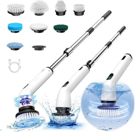 Electric Spin Scrubber, Full-Body IPX7 Waterproof Cordless Shower Scrubber with 8 Replaceable Heads, Upgraded Extension Handle, 2H Work Time, 2 Speeds for Bathroom Shower Tile Glass