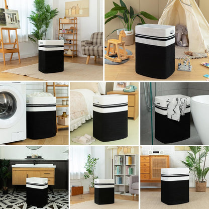 OIAHOMY 91L Laundry Hamper, XXXLarge Laundry Basket, Collapsible Cotton Rope Basket,Woven Storage Basket for Blankets,Clothes,Pillows-16x15x24-Black&white