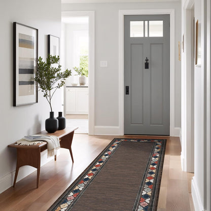 Beverly Rug Outdoor Runner Rug 2x7 Modern Floral Bordered Area Rugs for Indoor and Outdoor Patio Easy to Clean Non Shedding Living Room Porch Garden Washable Outside Carpet (2 x 7 Brown)