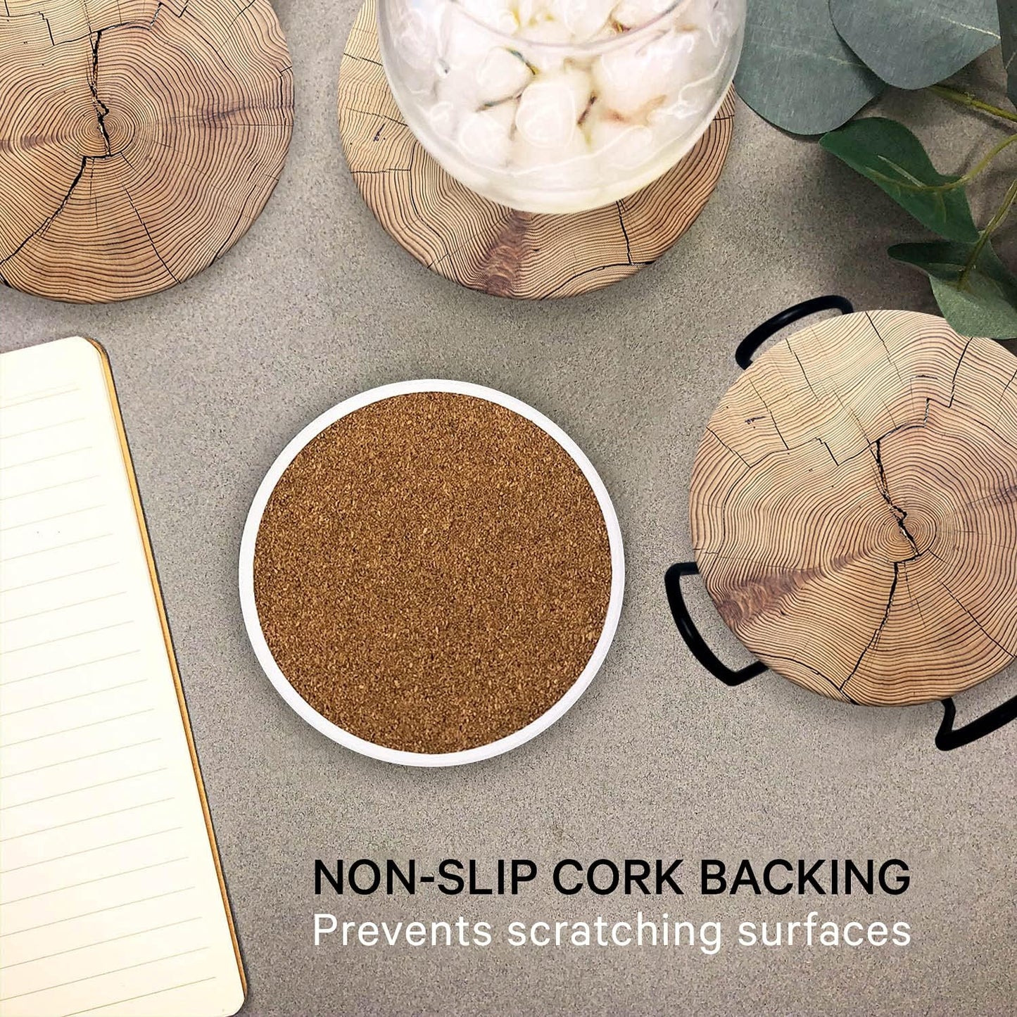 Emerson Coasters for Drinks Absorbent – Natural Stone Drink Coasters Set with Holder, Coasters for Coffee Table, Wooden Tabletop Protection Marble Style – 100% Heavy Duty Set of 6 (Wood)