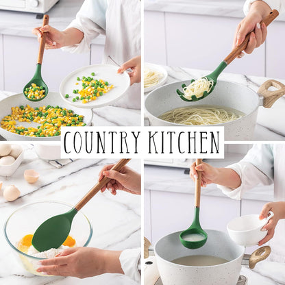Country Kitchen Non Stick Silicone Utensil Set with Rounded Wood Handles for Cooking and Baking, 8 Piece Set, Green