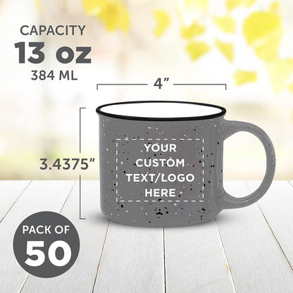 DISCOUNT PROMOS Custom Ceramic Campfire Coffee Mugs 13 oz. Set of 50, Personalized Bulk Pack - Perfect for Tea, Espresso, Cappuccino, Hot Cocoa - Grey