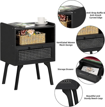 Lerliuo Rattan Nightstands Set of 2, Boho Side Table with Drawer Open Shelf, Cane Accent Bedside End Table with Solid Wood Legs for Bedroom, Dorm and Small Spaces (Black)