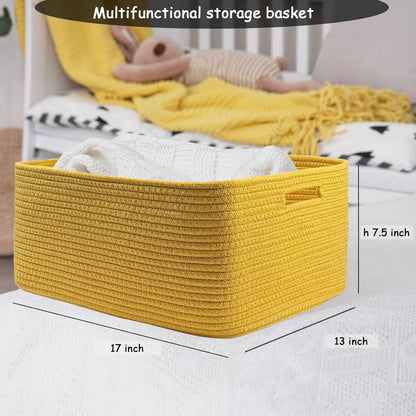 COMFY-HOMI Cotton Rope Woven Basket with Handles for Shelves,Toys,Book, Cloth Storage Baskets for Organizing-17" x 13" x 7.5" Toy Decorative Organizer for Living Room, Bathroom （Yellow）
