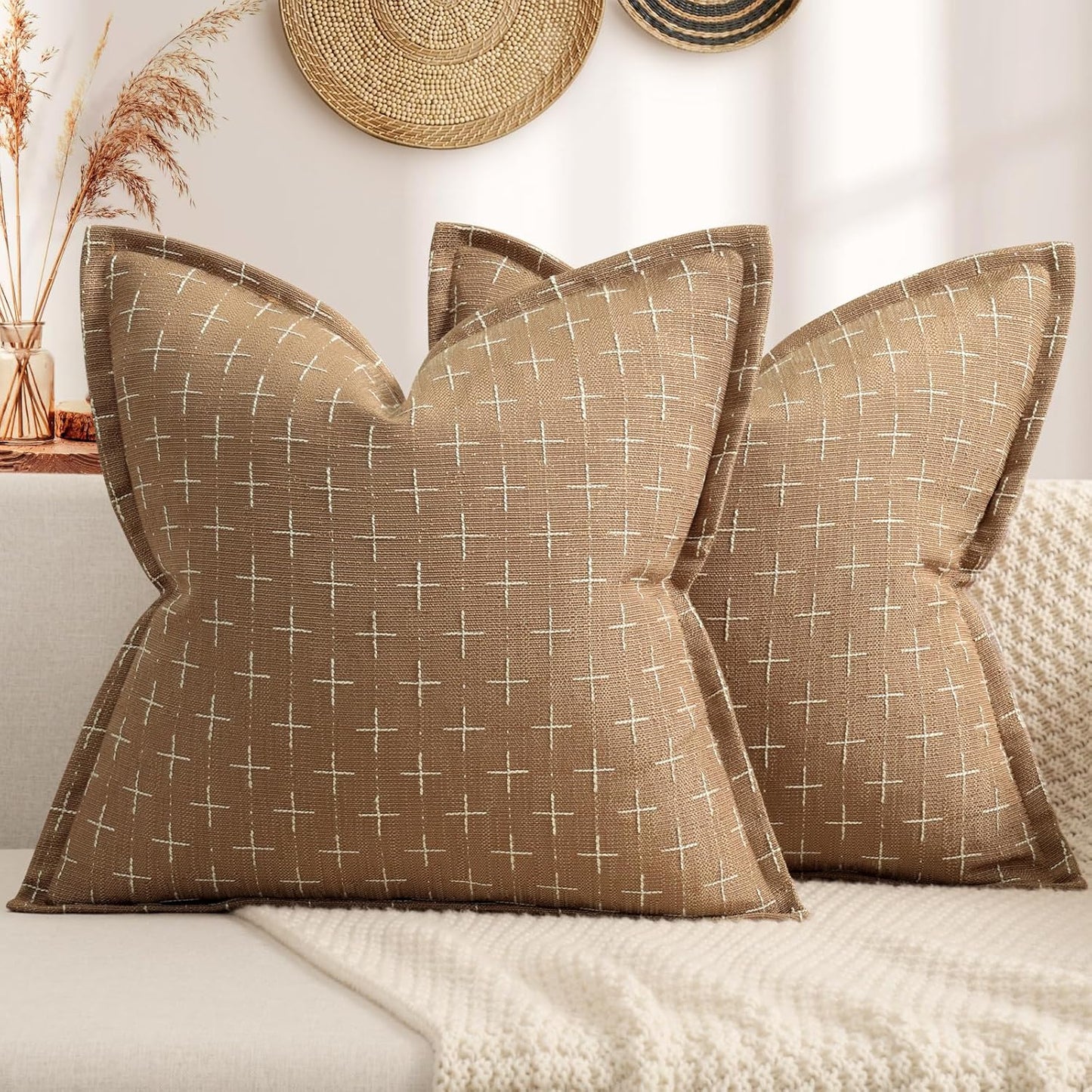 ZWJD Throw Pillow Covers 16x16 Set of 2 Soft Polyester Textured Pillow Covers with Stylish Flange Edge Cozy Farmhouse Throw Pillows for Couch Bed Sofa Living Room