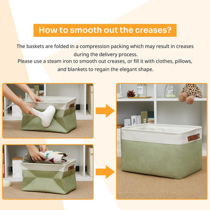DULLEMELO Fabric Storage Bin for Laundry, Home, Foldable Storage Basket for Shelves, Toys, Collapsible Storage Basket Bin for Office, Closet,Bedroom(White&Green)