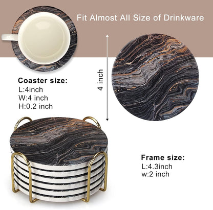 White Marble Style Ceramic Coasters Set of 6 with Holder Round Modern Coffee Table Decor Drink Coaster Gifts Absorbent Stone Coasters for Rustic Farmhouse Bar