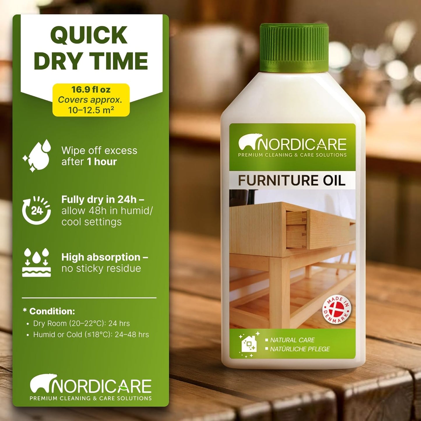 Nordicare Wood Oil Colorless - Premium Walnut Oil, Teak Oil, Wood Oil Furniture for Oak, Beech, Teak, Walnut, Pine, Larch - Natural Furniture Wood Oil - Made in Denmark - for Indoor Use (16.9 oz)