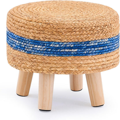 Handwoven Round Ottoman, Natural Water Hyacinth Outdoor Patio Pouf Seagrass Low Stool with Wood Legs, Soft Padded Footrest for Living Room Bedroom Garden, Blue