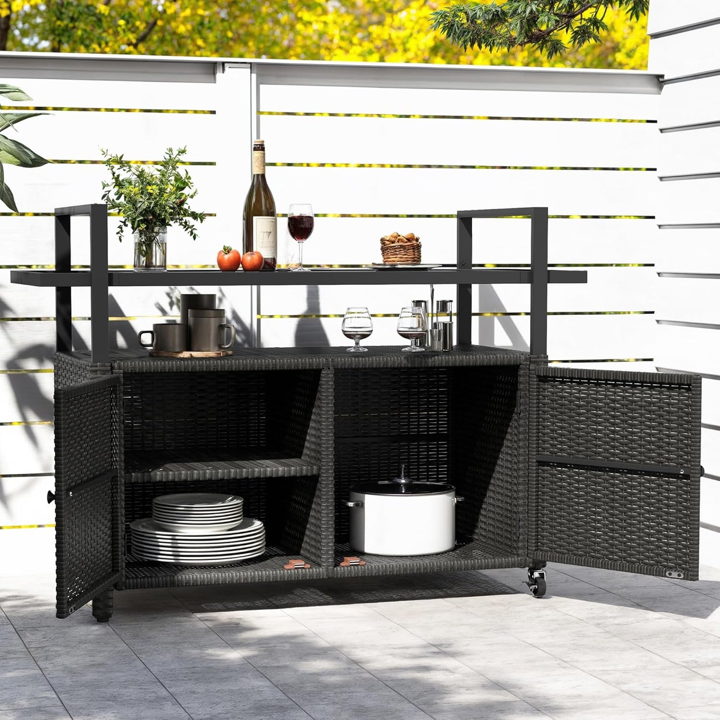 DWVO Patio Bar Table,Outdoor Kitchen Island with Glass Top,Rattan Patio Storage Cabinet with Wheels,Bar Cart for Poolside and Backyard,Black