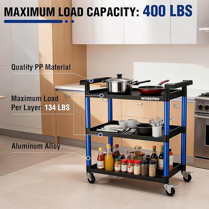 WORKPRO 3-Tier Service Utility Cart, 400LBS Plastic Rolling Cart with Handles & Lockable Wheels, Heavy Duty Storage Cart for Restaurant, Kitchen, Office, Garage, Warehouse