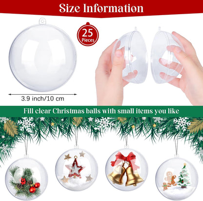 ANVAVO 25 Pieces 10 cm Christmas Clear Plastic Fillable Ball Ornaments DIY Craft Transparent Baubles Shatterproof Christmas Tree Hanging Ornaments for Xmas New Years Birthday Wedding Home Decor