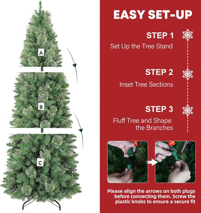 Hykolity 6 ft Prelit Pencil Slim Christmas Tree with 200 Warm White LED Lights, 544 PVC Branch Tips, Metal Stand and Hinged Branches