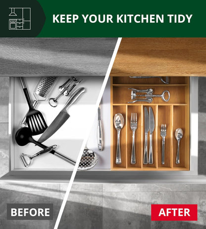 ROYAL CRAFT WOOD Luxury Bamboo Utensil Rack and Silverware Organizer, Kitchen Drawer Organizer - Utensil Holder and Cutlery Tray with Grooved Drawer Dividers for Flatware 7 Slot, Natural