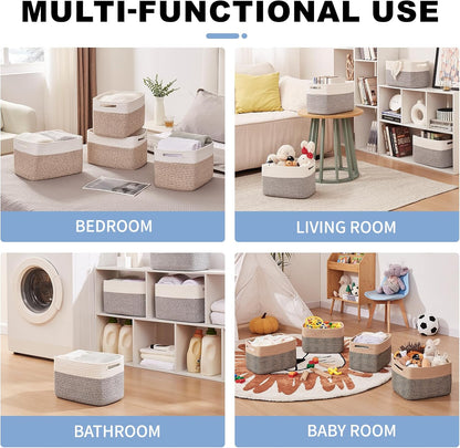 OIAHOMY 4 Pack Storage Baskets for Organizing, Basket for Shelves with Handle, Woven Baskets for Storage Toys, Towels, Books, Cotton Rope Basket 13" L x 9 " W x 7.8 " H, Grey & White