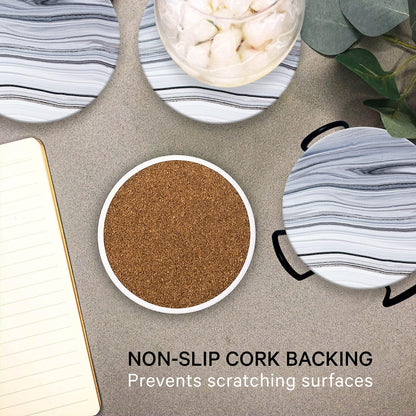 Emerson Coasters for Drinks Absorbent – Natural Stone Drink Coasters Set with Holder, Coasters for Coffee Table, Wooden Tabletop Protection Marble Style – 100% Heavy Duty Set of 6 (Sea)