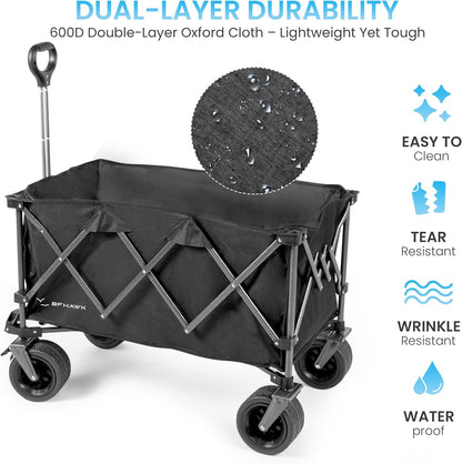 36" Collapsible Wagon Cart with Big All-Terrain Beach Wheels, Foldable Heavy Duty Wagons, Utility Carts for Camping, Garden, Outdoor, Grocery, Sports, Free Packable Backpack Included