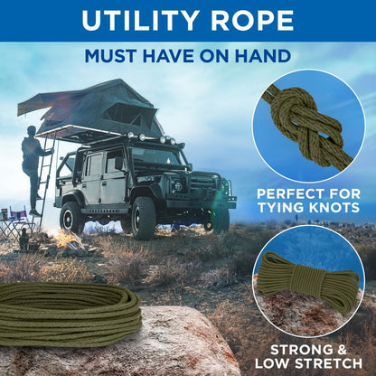 TECEUM Cotton Rope 3/16” (5 mm) – 50 FT – Strong All-Purpose Braided Rope – Natural Cotton – for Crafting, Сamping, Clothes Line, DIY, Indoor & Outdoor Use – Army Green