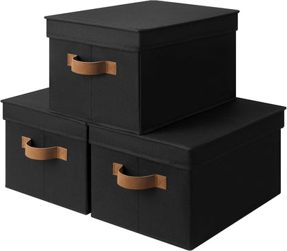 StorageWorks Large Storage Bins with Lids, Decorative Storage Boxes with Lid and PU Handles, Foldable Storage Baskets for Closet, Shelves, Stackable, Black, 3-Pack