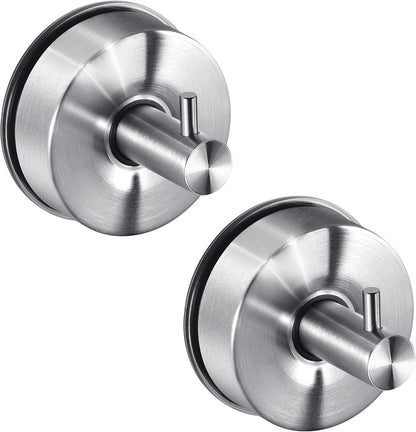 JOMOLA Brushed Stainless Steel Shower & Bathroom Hooks - No Drill Adhesive-Free Suction Cup Hardware, Rustproof Waterproof Metal Wall Mount for Towel Robe, Damage-Free (2-Pack)