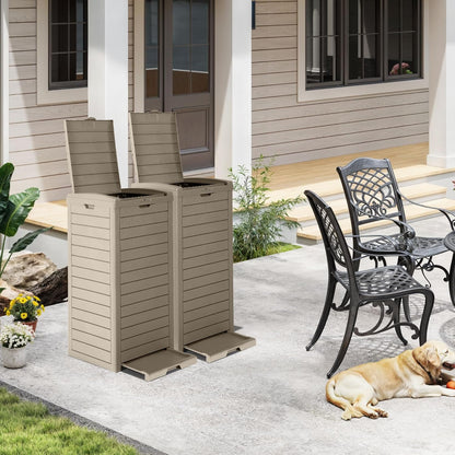DWVO 38 Gallon Large Outdoor Trash Can, Waterproof Resin Hideaway Garbage Bin with Lid and Drip Tray, Outside Trash Bin for Porch, Backyard, Deck, Patio, Poolside, Easy to Clean, Taupe