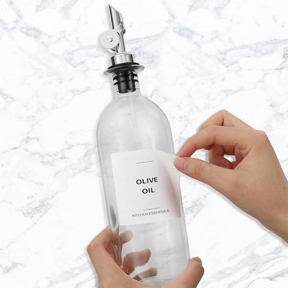 Olive Oil Dispenser Bottle - Includes 55 Kitchen Essential Labels - Cooking Oil Bottles for Kitchen, Coffee Syrup Dispenser - Pourer Spout with 16.9 fl oz Glass Container Cruet - 2pcs Silver