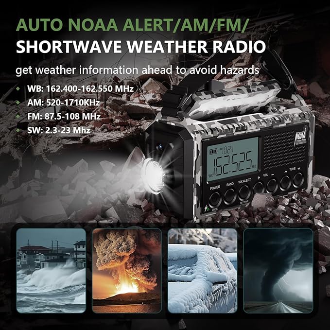Emergency Radio 12000mAh AUTO NOAA Weather Radio, Solar Hand Crank Portable AM/FM Shortwave Radio with Rechargeable Battery Powered, Flashlight, Reading Lamp, SOS Alarm for Indoor Outdoor Emergencies