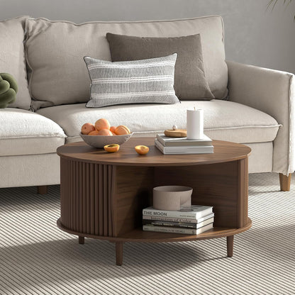 Round Coffee Table with Storage,Fluted Center Table with Sliding Cabinet Door for Living Room,Home Small Space,31.5" Small Center Table,Walnut