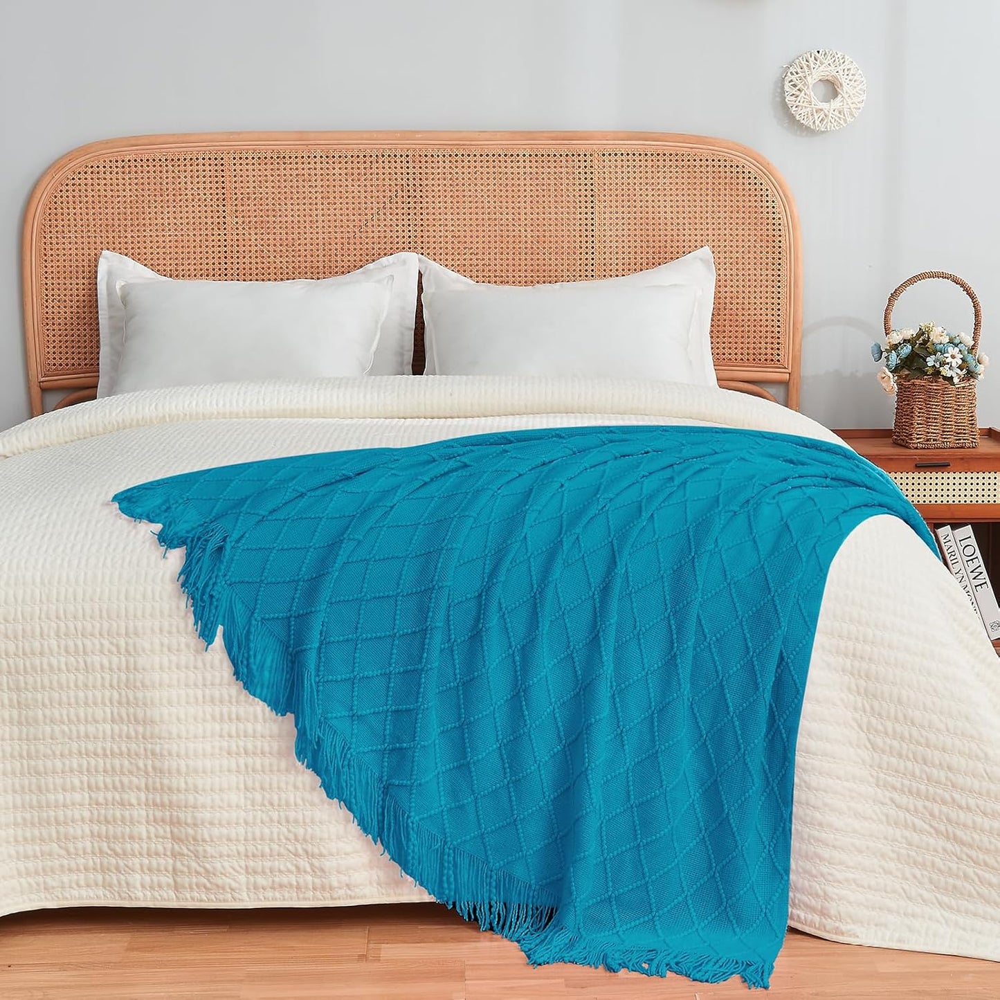 inhand Teal Throw Blanket for Couch and Bed, Soft Living Room Home Decor Knitted Twin Size Blanket, Outdoor Lightweight Breathable Summer Blanket, Farmhouse Warm Woven Decorative, 60"x80"