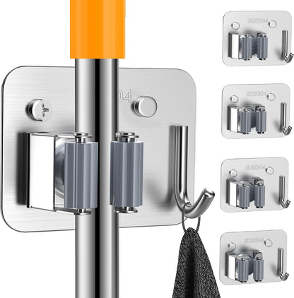 4 Pack Stainless Steel Mop and Broom Holder Wall Mount with Hook, Screw Drilling Mop and Broom Hanger, Single Heavy Duty Storage Rack for Laundry Garage Closet Garden Tool Organizer, Silver