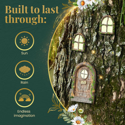 Fairy Door and Windows – Glow in The Dark Yard Art Sculpture Decoration for Kids Room, Wall and Trees Outdoor | Miniature Garden Outdoor Decor Accessories with Bonus Fairy Lantern