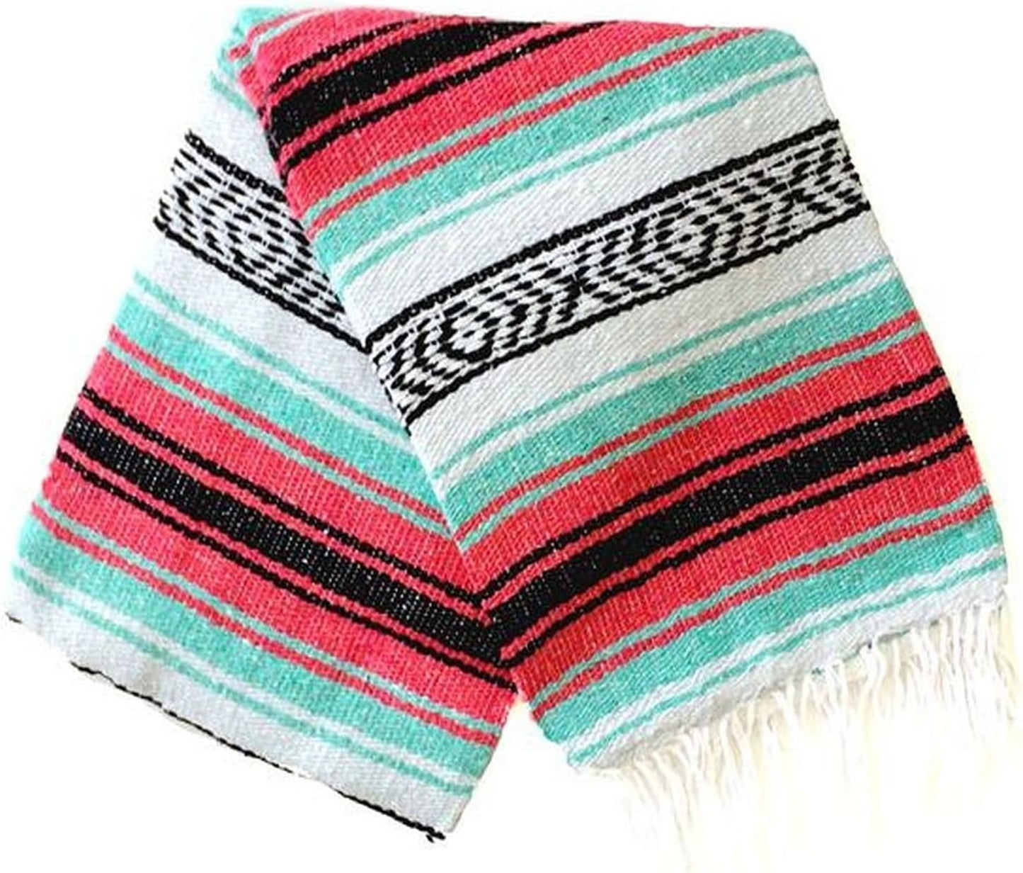 Del Mex Classic Mexican Blanket, Large Authentic Woven Falsa Throw (70"x50"), Artisan Southwest Décor for Beach, Yoga, Outdoors (Pink/Mint)