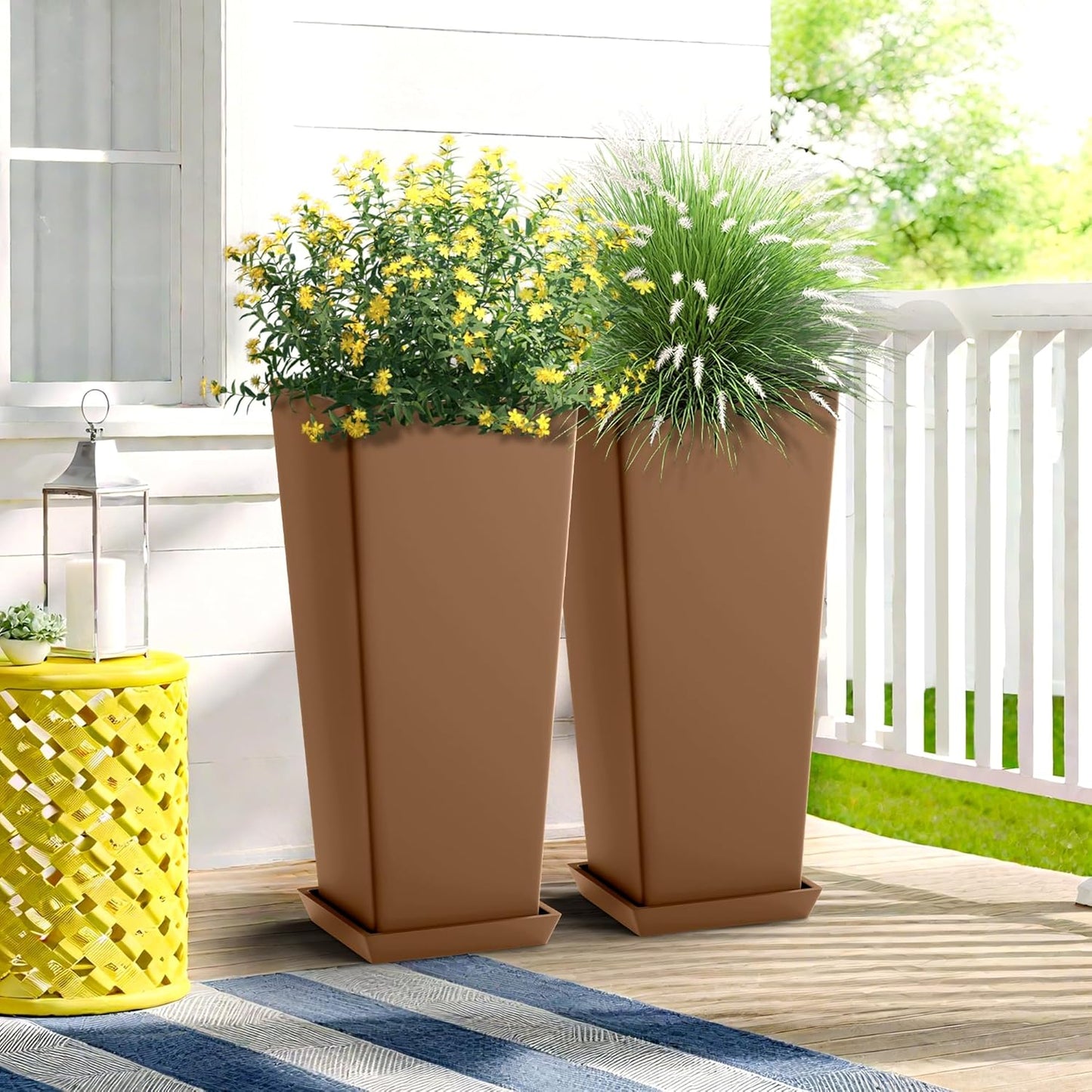 FENCY Set of 2 Tall Planters for Outdoor Plants, 24 Inch Large Tapered Pots with Drainage Trays, Weather-Resistant Plastic Plant Containers for Patio, Porch, Garden, Front Door Decor,Brown