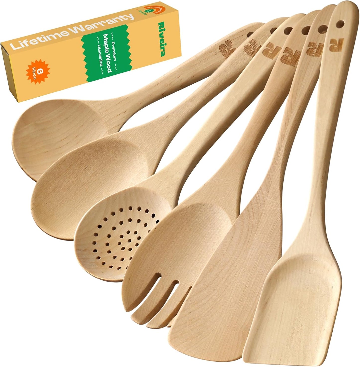 Riveira Maple Wooden Spoons for Cooking Set of 6 – Natural Maple Wooden Cooking Utensils, Wooden Spatula, Wooden Spoon - Premium Quality Wooden Utensil Set for Non-Toxic Cooking