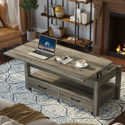 Rolanstar Coffee Table, 47.2" Lift Top Coffee Table with Drawers and Hidden Compartment, Retro Central Table with Wooden Lift Tabletop, for Living Room, Washed Oak