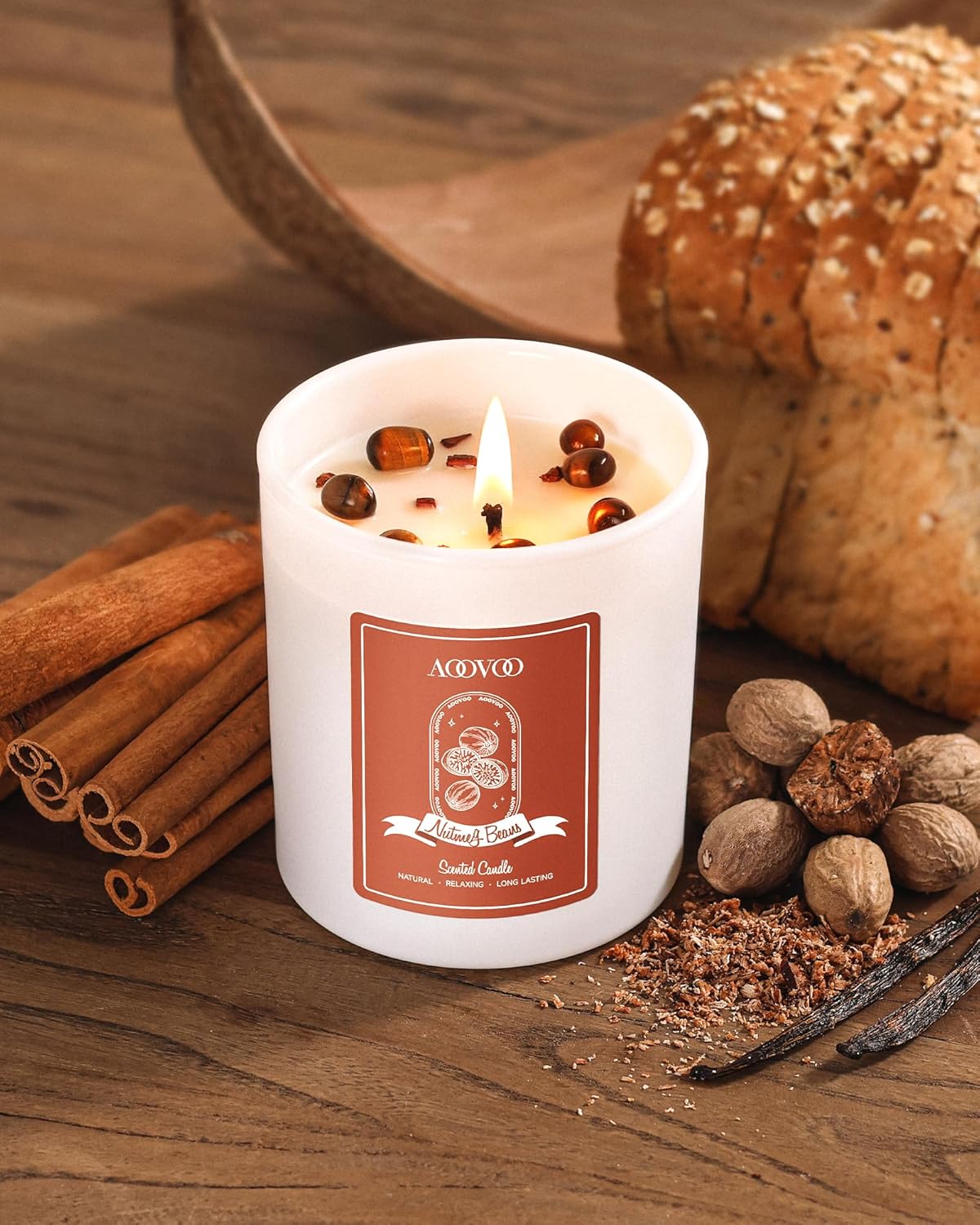 AOOVOO Nutmeg Beans Scented Candles for Women - Aromatherapy Candle with Crystals Inside, 10oz Soy Candles for Home Scented, Birthday Gifts Candle for Women Mom