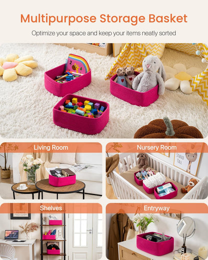 Small Woven Basket, 12 x 8 x 4.5 Inches, Storage Basket for Organizing, Cute Small Rope Shelf Closet Cube Storage Bins Baskets for Shelves, Dog Toy Gift Baskets Empty, 3 Packs, Hot Pink