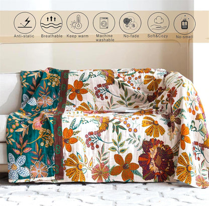 Summer Throw Blanket for Couch Bed Chair, 100% Cotton Muslin Breathable Woven Throws 60''x 80'' Boho Vintage Quilt for All Seasons Warm Lightweight Farmhouse Blankets Home Decoration
