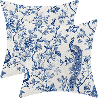 Navy Blue Spring Floral Pillow Covers 18 x 18 Inch Set of 2 for Chinoiserie Flowers Bird Decor Throw Pillows Vintage Plant Farmhouse Outdoor Decorative Cushion Cases for Couch Bed Decorations