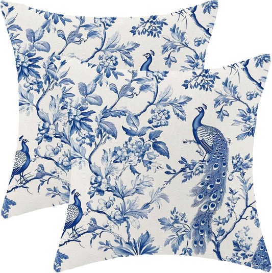 Navy Blue Spring Floral Pillow Covers 18 x 18 Inch Set of 2 for Chinoiserie Flowers Bird Decor Throw Pillows Vintage Plant Farmhouse Outdoor Decorative Cushion Cases for Couch Bed Decorations