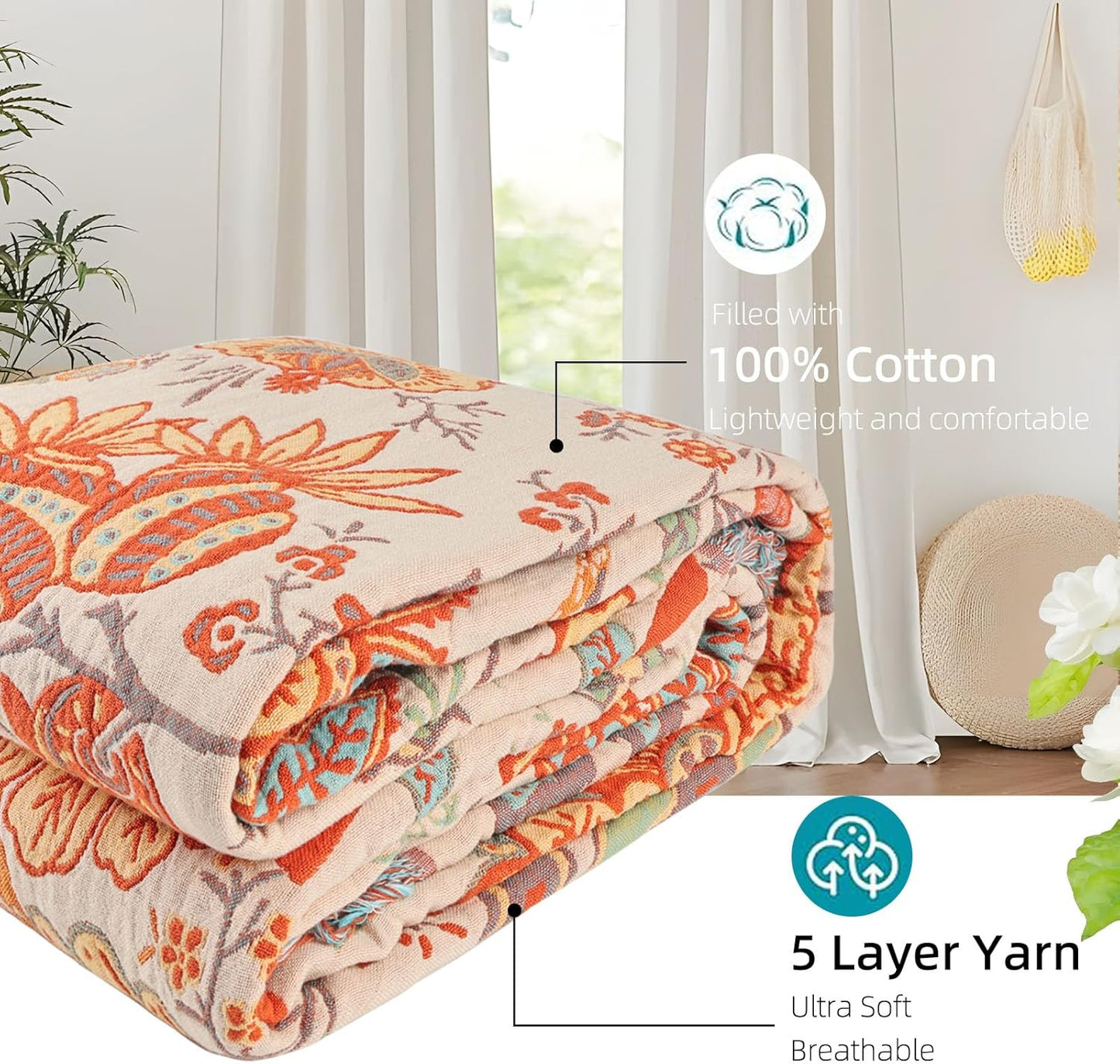 Boho Throw Blanket for Bed - 100% Pure Cotton Ultra Soft Rustic Quilt - Farmhouse Decor Bed Blankets, All Season Rustic Throw for Sofa Couch Chair(60''×80'', Floral)