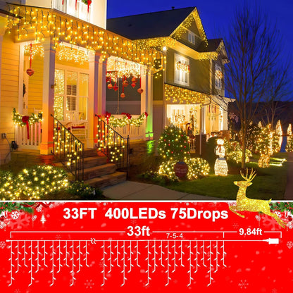 KNONEW 33FT 400 LED Christmas Lights Outdoor Black Wire String Lights with 75 Drops, 8 Lighting Modes, Timer Memory Function Connectable Hanging Curtain Lights for Halloween Party Decor (Warm White)